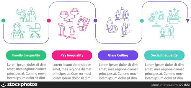 Gender inequality vector infographic template. Sex role stereotypes, discrimination design elements. Data visualization with 4 steps. Process timeline chart. Workflow layout with linear icons