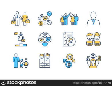 Gender issues RGB color icons set. Woman and man equality. Female employee fair treatment. Working wife and husband. Career growth. Company staff. Earning money. Isolated vector illustrations. Gender issues RGB color icons set