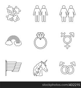 Gender minorities icons set. Outline illustration of 9 gender minorities vector icons for web. Gender minorities icons set, outline style