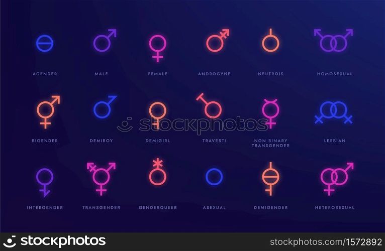 Gender neon icons. Glowing light symbols of sexual orientation, LGBT gay unisex asexual female male nonbinary transgender. Vector set glow signs. Gender neon icons. Glowing light symbols of sexual orientation, LGBT gay unisex asexual female male nonbinary transgender. Vector set