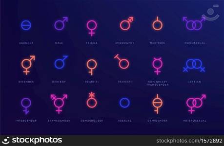 Gender neon icons. Glowing light symbols of sexual orientation, LGBT gay unisex asexual female male nonbinary transgender. Vector set glow signs. Gender neon icons. Glowing light symbols of sexual orientation, LGBT gay unisex asexual female male nonbinary transgender. Vector set