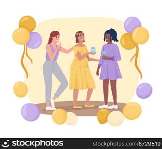 Gender neutral baby shower with balloons 2D vector isolated illustration. Expectant mom with friends flat characters on cartoon background. Colourful editable scene for mobile, website, presentation. Gender neutral baby shower with balloons 2D vector isolated illustration