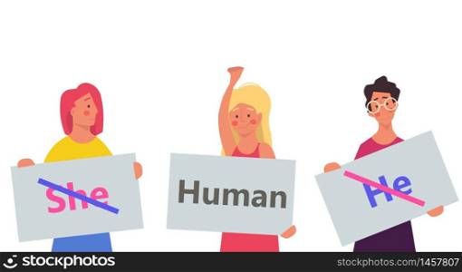 Gender neutral vector illustration person. He , she - human design symbol. Equality sex tolerance normal break. Unisex reveal norms character different. Identity right support background man and woman