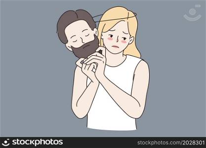 Gender orientation and identification concept. Sad young blonde woman standing holding male brutal face with beard in hands vector illustration. Gender orientation and identification concept.