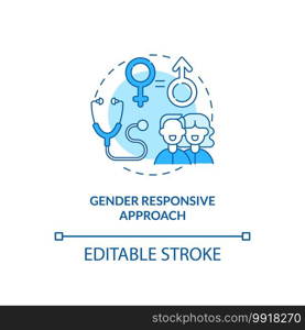 Gender responsive approach concept icon. Health programs principles. Factors at work in health facilities idea thin line illustration. Vector isolated outline RGB color drawing. Editable stroke. Gender responsive approach concept icon