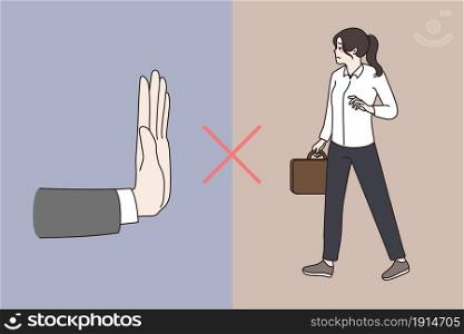 Gender sex discrimination at work. Women employees not allowed discriminate at workplace. Huge hand and female worker. Employment, recruitment problem. Equality. Flat vector illustration. . Gender discrimination of women at workplace