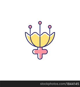 Gender symbol for female RGB color icon. Triple moon sign. Flower symbolism. Representing purity and virginity. Femininity attribute. Isolated vector illustration. Simple filled line drawing. Gender symbol for female RGB color icon