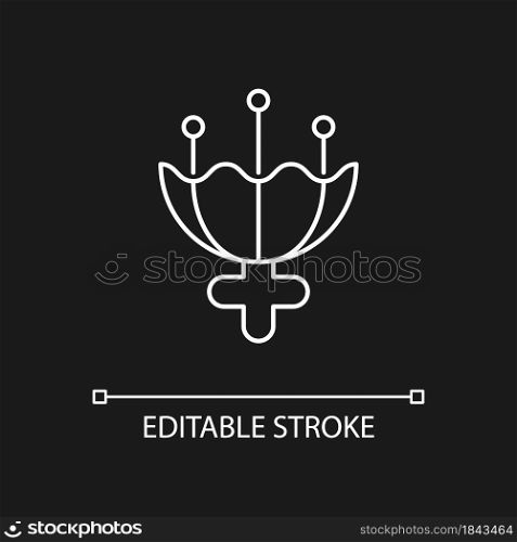 Gender symbol for female white linear icon for dark theme. Triple moon sign. Flower symbolism. Thin line customizable illustration. Isolated vector contour symbol for night mode. Editable stroke. Gender symbol for female white linear icon for dark theme