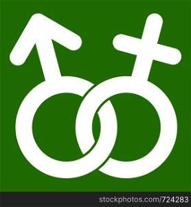 Gender symbol icon white isolated on green background. Vector illustration. Gender symbol icon green