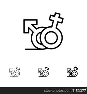 Gender, Symbol, Male, Female Bold and thin black line icon set