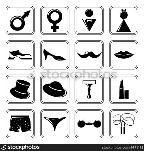 Gender symbols restroom black icons set isolated vector illustration.