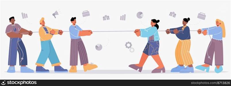 Gender team rivalry, men tug of war with women. Male and female business characters wrestling. Concept of feminism and patriarchy office fight battle for leadership, Line art flat vector illustration. Gender team rivalry, men tug of war with women