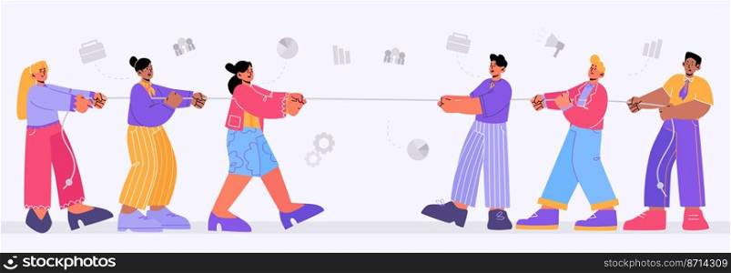 Gender team rivalry, men tug of war with women. Male and female business characters wrestling. Concept of feminism and patriarchy office fight battle for leadership, Line art flat vector illustration. Gender team rivalry, men tug of war with women