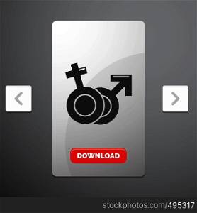 Gender, Venus, Mars, Male, Female Glyph Icon in Carousal Pagination Slider Design & Red Download Button. Vector EPS10 Abstract Template background