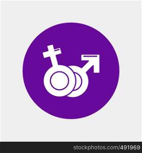 Gender, Venus, Mars, Male, Female White Glyph Icon in Circle. Vector Button illustration. Vector EPS10 Abstract Template background