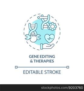 Gene editing and therapies turquoise concept icon. Ability to change DNA. Healthcare technology. Genomic medicine abstract idea thin line illustration. Isolated outline drawing. Editable stroke. Gene editing and therapies turquoise concept icon