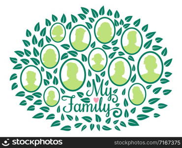 Genealogical family tree, my family green foliage vector illustration isolated on white background. Tree generation branch, genealogical history. Genealogical family tree, my family green foliage vector illustration isolated on white background