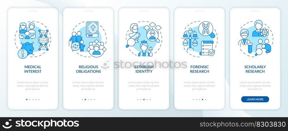 Genealogical research motivation blue onboarding mobile app screen. Walkthrough 5 steps editable graphic instructions with linear concepts. UI, UX, GUI template. Myriad Pro-Bold, Regular fonts used. Genealogical research motivation blue onboarding mobile app screen