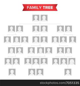 Genealogical Tree Blank Vector. Family History Tree With Default Icons Of People.. Genealogical Tree Template Vector. Family History Tree With Default People Portraits. Family Tree Chart Illustration