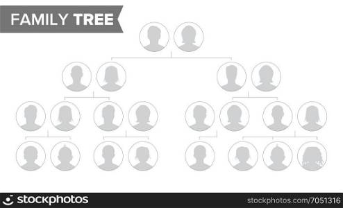 Genealogical Tree Template Vector. Family History Tree With Default People Portraits. Family Tree Chart Illustration. Genealogical Tree Vector. Family History Tree Blank With Avatar People.