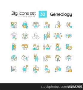 Genealogy RGB color icons set. Family roots. Hereditary disorders. Ancestors and descendants. Lineage. Isolated vector illustrations. Simple filled line drawings collection. Editable stroke. Genealogy RGB color icons set