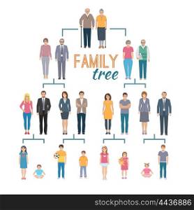 Genealogy Tree Illustration. Decorative flat illustration of genealogy tree chart depicting icons of family members vector illustration