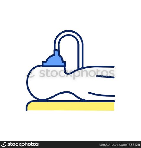 General anesthesia RGB color icon. Breathing tube. Patient intubation. Mechanical ventilation. Breathing machine. Surgical procedure. Isolated vector illustration. Simple filled line drawing. General anesthesia RGB color icon
