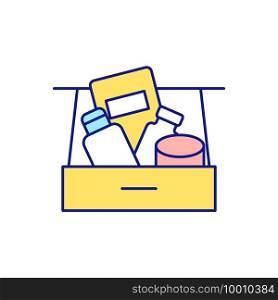 General cleaning in bedroom RGB color icon. Parsing trash. Storage of unnecessary things. Decluttering and freeing up storage space for new items in closet. Isolated vector illustration. General cleaning in bedroom RGB color icon