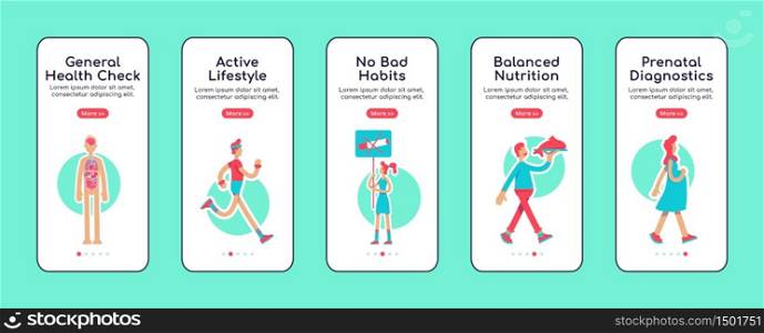General health care onboarding mobile app screen flat vector template. Avoid bad habit. Walkthrough website steps with isolated characters on white. UX, UI, GUI smartphone cartoon interface. General health care onboarding mobile app screen flat vector template