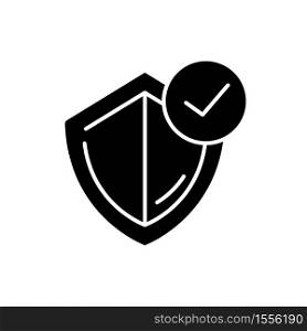 General insurance black glyph icon. Protection shield with checkmark. Quality control policy. Judicial defence. Approved service. Silhouette symbol on white space. Vector isolated illustration. General insurance black glyph icon