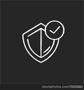 General insurance chalk white icon on black background. Protection shield with checkmark. Assurance for security. Quality control policy. Legal guarantee. Isolated vector chalkboard illustration. General insurance chalk white icon on black background