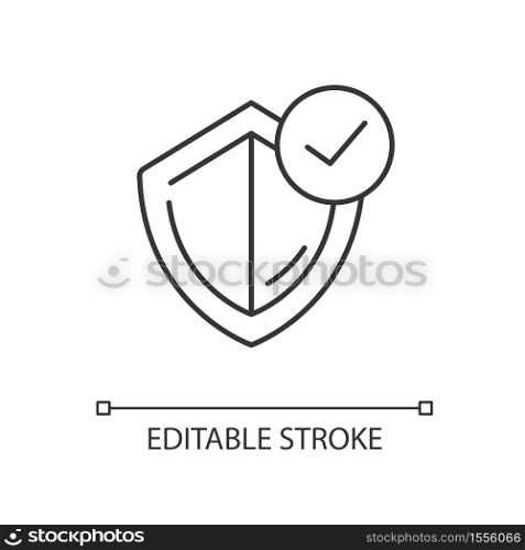 General insurance linear icon. Protection shield with checkmark. Assurance for security. Thin line customizable illustration. Contour symbol. Vector isolated outline drawing. Editable stroke. General insurance linear icon