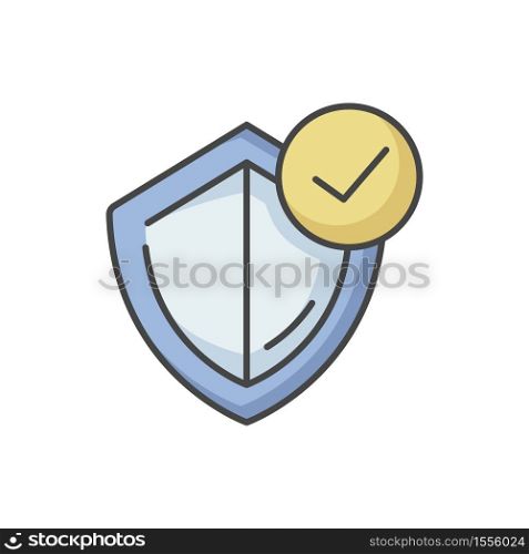 General insurance RGB color icon. Protection shield with checkmark. Assurance for security. Quality control policy. Legal guarantee. Judicial defence. Approved service. Isolated vector illustration. General insurance RGB color icon