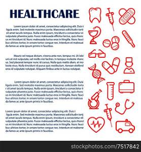 General medicine banner design template for medical and healthcare websites, infographics and printed materials with red icons of doctor , ambulance and stethoscope, syringes, pills and thermometer, tooth, heart and microscope, test tube and DNA. Medical banner for infographics design template