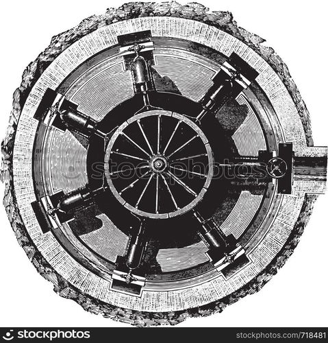 General plan of the machine to stop and delight, vintage engraved illustration. Industrial encyclopedia E.-O. Lami - 1875.