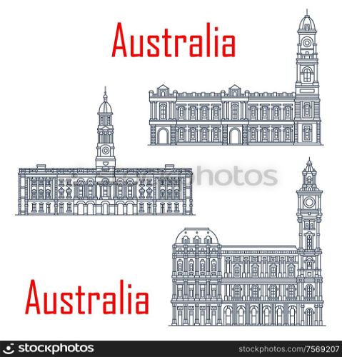 General post office of Melbourne, Adelaide Town hall buildings. Vector architecture of Australia, Adelaide post landmark. Victorian heritage register, town halls. Melbourne and Adelaide general post offices