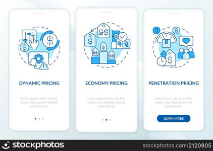 General pricing approaches blue onboarding mobile app screen. Penetration walkthrough 3 steps graphic instructions pages with linear concepts. UI, UX, GUI template. Myriad Pro-Bold, Regular fonts used. General pricing approaches blue onboarding mobile app screen