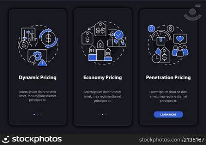General pricing approaches night mode onboarding mobile app screen. Walkthrough 3 steps graphic instructions pages with linear concepts. UI, UX, GUI template. Myriad Pro-Bold, Regular fonts used. General pricing approaches night mode onboarding mobile app screen