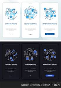 General pricing methods night and day mode onboarding mobile app screen. Walkthrough 3 steps graphic instructions pages with linear concepts. UI, UX, GUI template. Myriad Pro-Bold, Regular fonts used. General pricing methods night and day mode onboarding mobile app screen