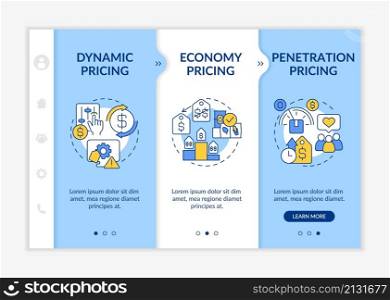 General pricing strategies blue and white onboarding template. Economy approach. Responsive mobile website with linear concept icons. Web page walkthrough 3 step screens. Lato-Bold, Regular fonts used. General pricing strategies blue and white onboarding template