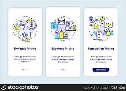 General pricing strategies onboarding mobile app screen. Economy, dynamic walkthrough 3 steps graphic instructions pages with linear concepts. UI, UX, GUI template. Myriad Pro-Bold, Regular fonts used. General pricing strategies onboarding mobile app screen