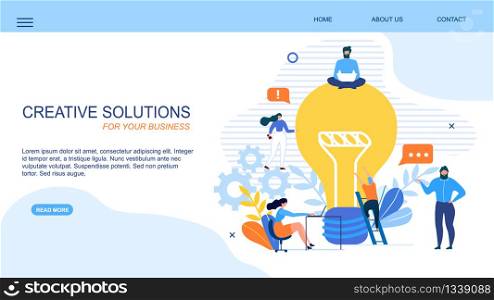 Generate Creative Solution Business Landing Page. Office Team Community Brainstorming Idea, Working on Innovative Solution. Men and Women with Gadgets, Light Bulb Lamp. Vector Flat Illustration. Generate Creative Solution Business Landing Page