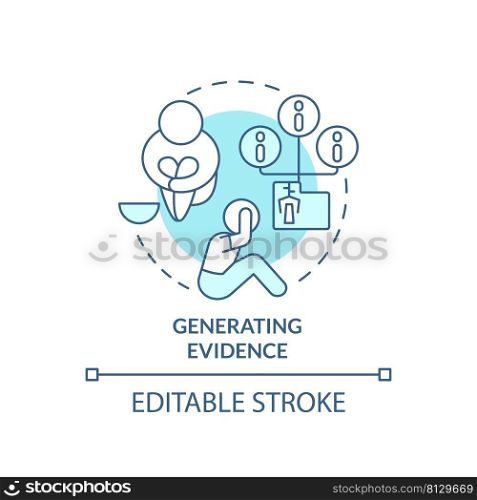Generating evidence turquoise concept icon. Social protection activity abstract idea thin line illustration. Isolated outline drawing. Editable stroke. Arial, Myriad Pro-Bold fonts used. Generating evidence turquoise concept icon