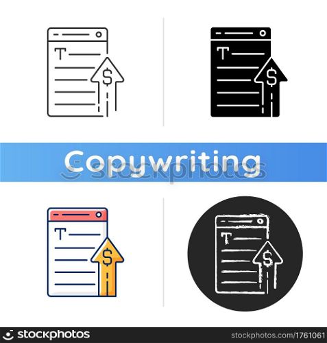 Generating income icon. Revenue from copywriting services. Freelance work cost, earn money. Professional journalist salary growth. Linear black and RGB color styles. Isolated vector illustrations. Generating income icon