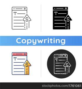 Generating income icon. Revenue from copywriting services. Freelance work cost, earn money. Professional journalist salary growth. Linear black and RGB color styles. Isolated vector illustrations. Generating income icon