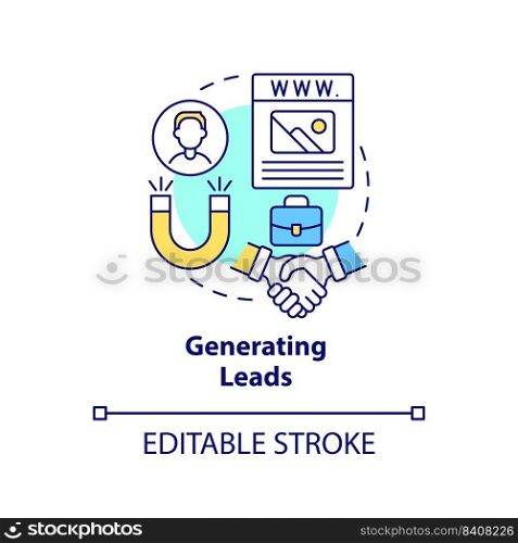 Generating leads concept icon. Websites classification abstract idea thin line illustration. Content strategy. Isolated outline drawing. Editable stroke. Arial, Myriad Pro-Bold fonts used. Generating leads concept icon