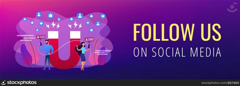Generating new leads advertising strategy. Aiming at target audience. Attracting followers, follow us on social media, subscriber counting concept. Header or footer banner template with copy space.. Attracting followers concept banner header.
