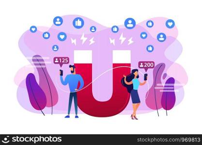 Generating new leads advertising strategy. Aiming at target audience. Attracting followers, follow us on social media, subscriber counting concept. Bright vibrant violet vector isolated illustration. Attracting followers concept vector illustration