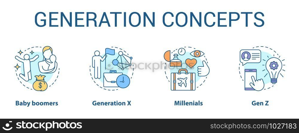 Generation concept icons set. Age groups idea thin line illustrations. Baby boomers. Gen Z and millennials. Generation X. Peer groups. Vector isolated outline drawings. Editable stroke