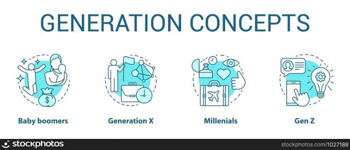 Generation concept icons set. Age groups idea thin line illustrations. Baby boomers. Generation X. Peer groups. Gen Z and millennials. Vector isolated outline drawings. Editable stroke